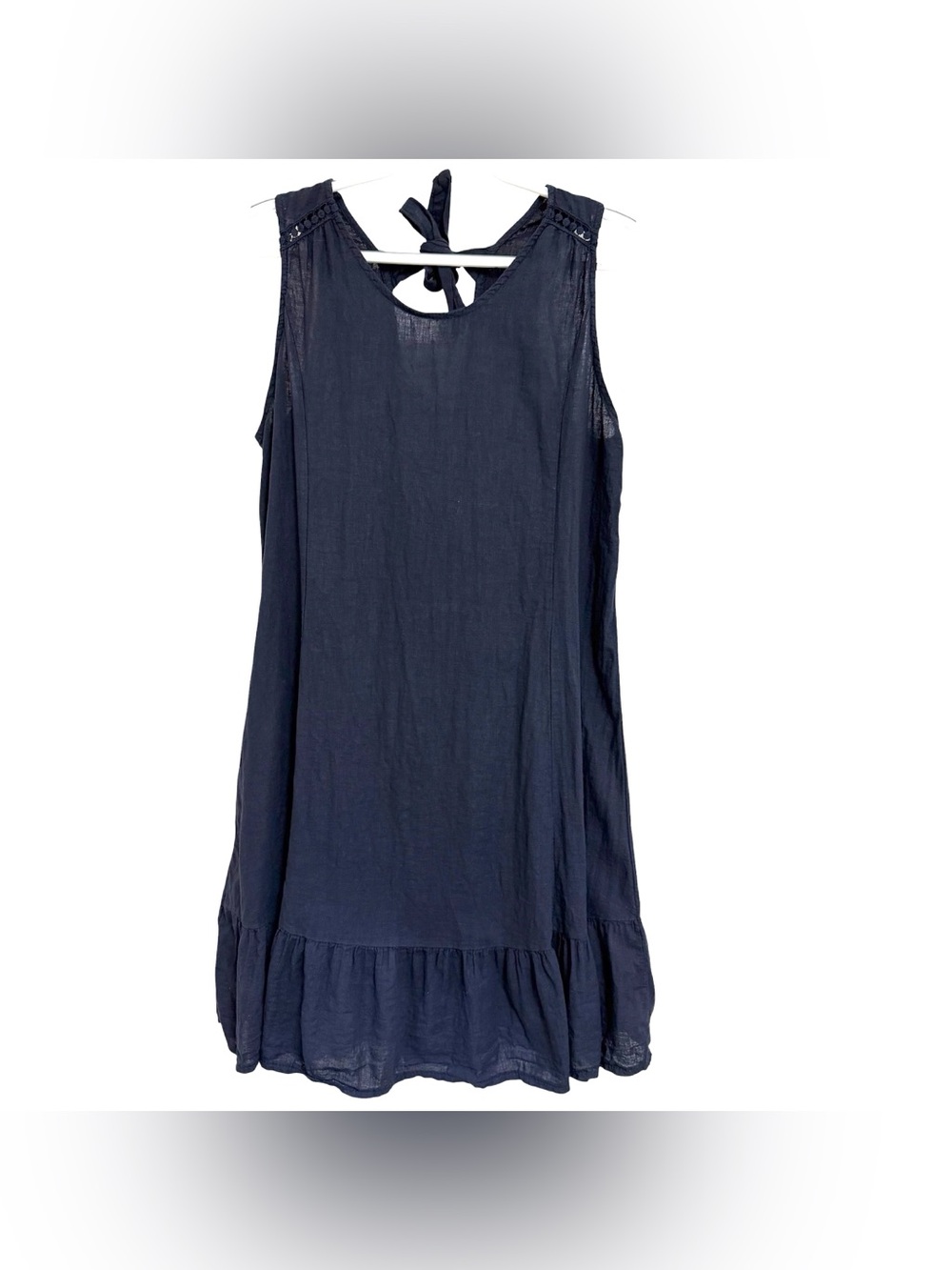 Sleeveless Linen Cotton Navy Blue Dress Ruffle Hem Made in Italy XL Back Tie
